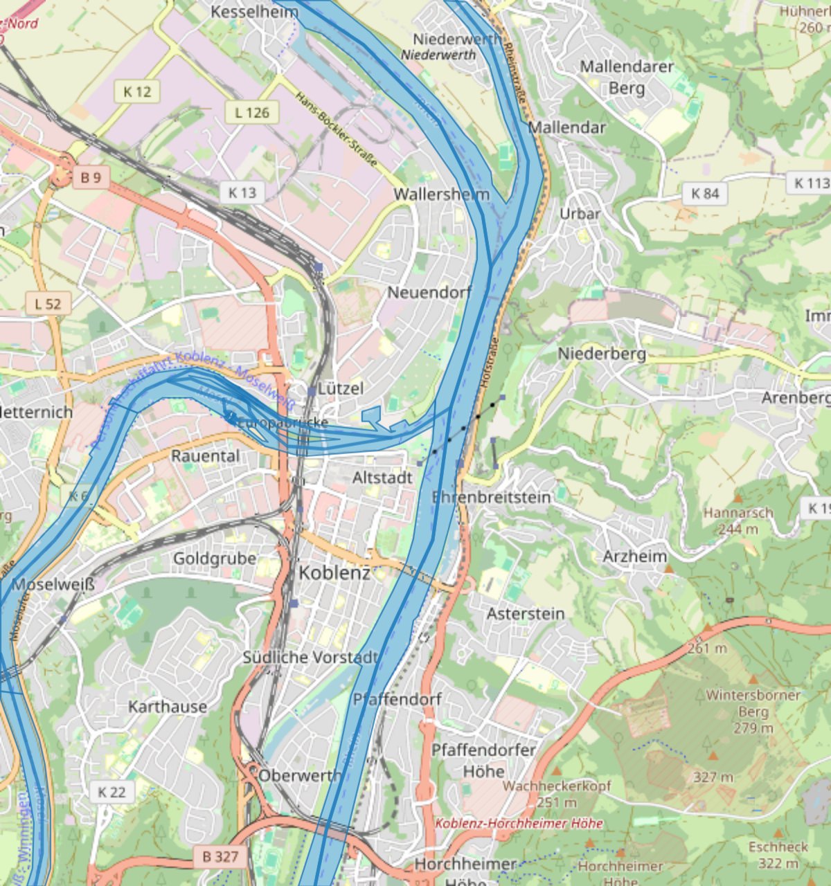 Flüsse-Overlay über Koblenz: Rhein und Mosel als blaue Bänder, das Deutsche Eck an der Mündung