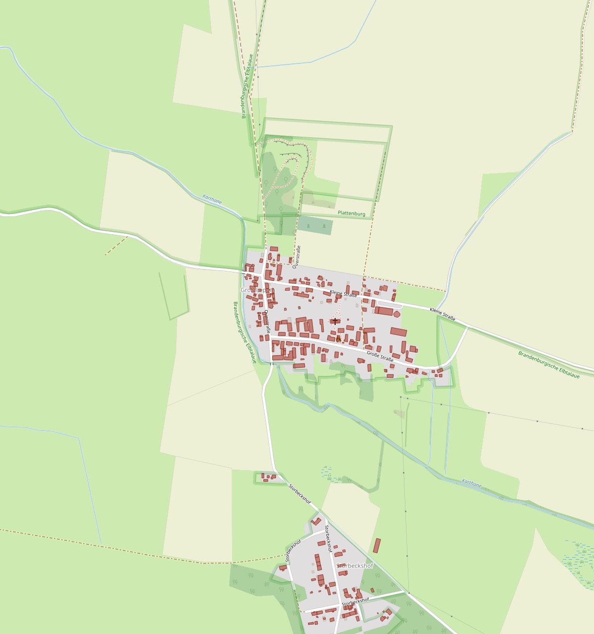 Amtliche Gebäudegrundrisse aus dem Liegenschaftskataster: Dorf und einzelne Höfe in der Prignitz, jedes Gebäude als roter Grundriss