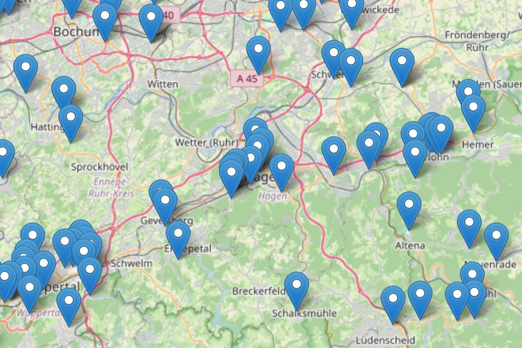 Kartenansicht der Suche: Zwangsversteigerungs-Objekte als Pins zwischen Ruhrgebiet und Sauerland