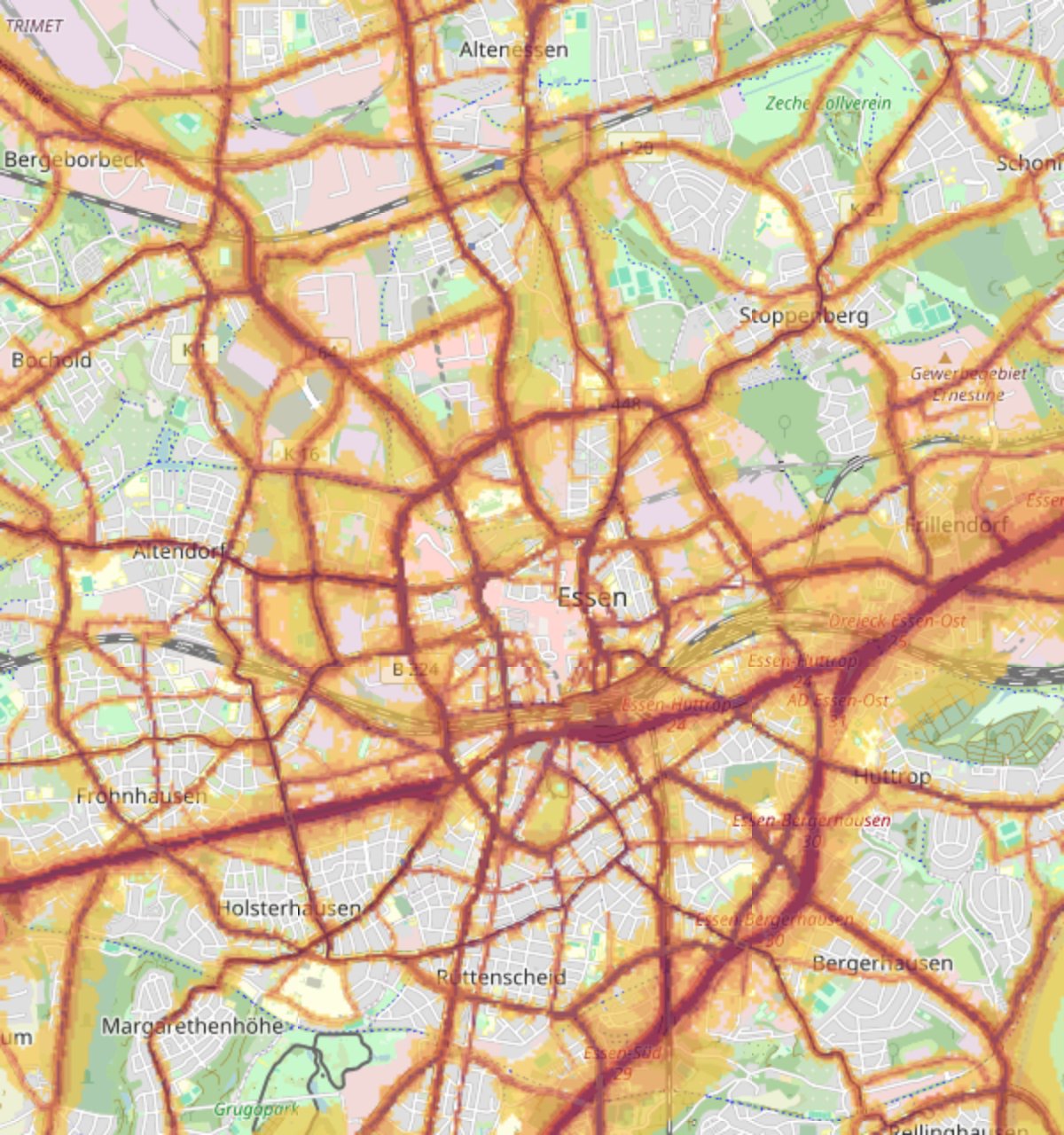 Karten-Overlay Straßenlärm: Essen mit glühenden orange-roten Lärmkorridoren entlang einzelner Straßenzüge