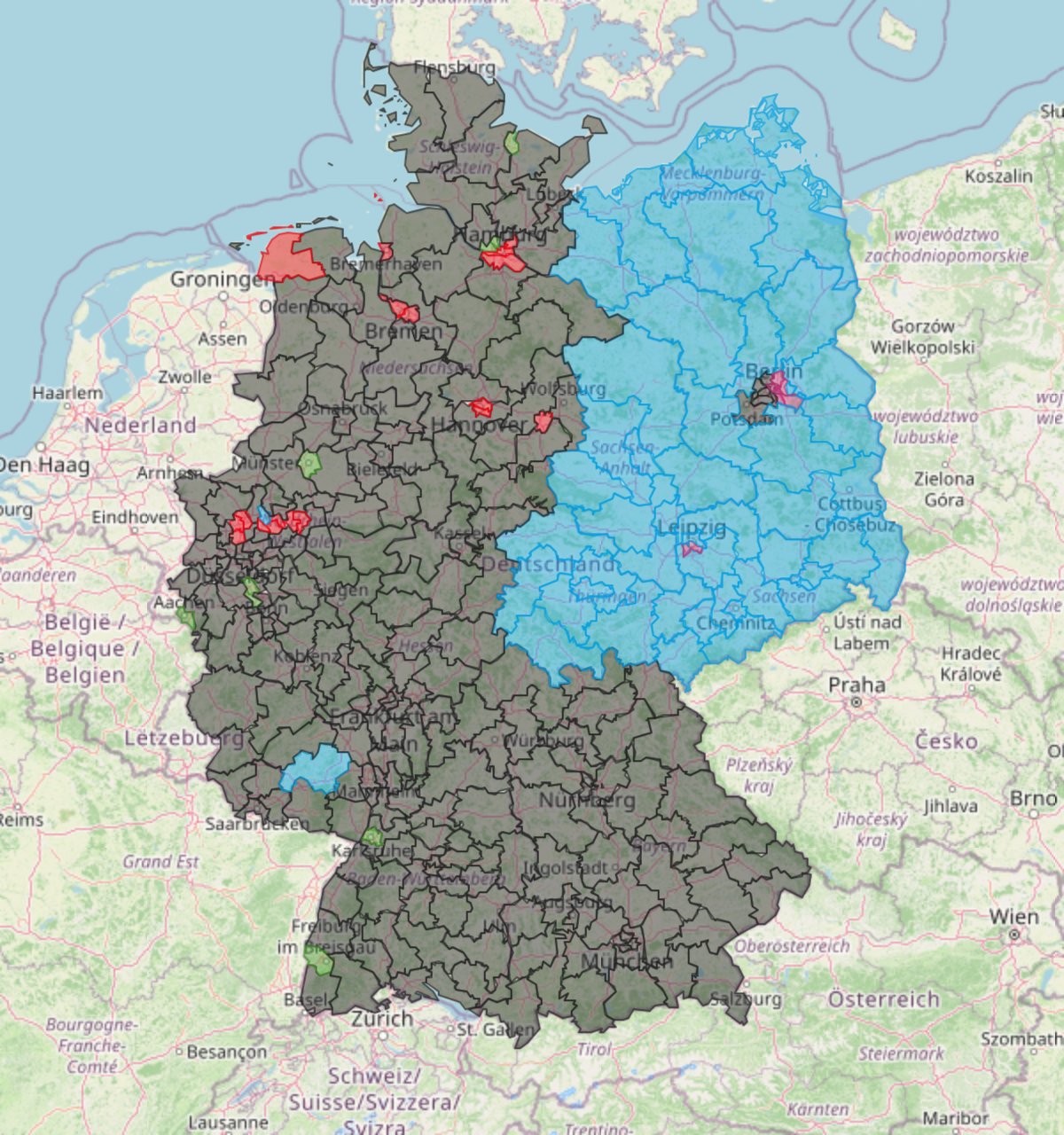 Karten-Overlay Politik: Deutschland mit allen 299 Bundestagswahlkreisen, eingefärbt nach stärkster Partei bei der Bundestagswahl 2025