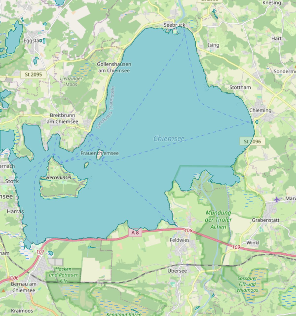 Seen-Overlay über dem Chiemsee: die große Wasserfläche blau hervorgehoben, mit Herren- und Fraueninsel