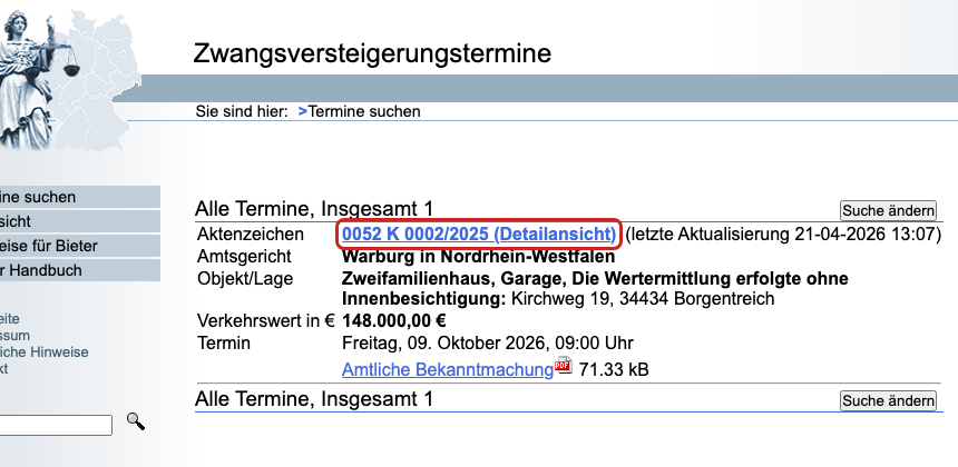 ZVG-Portal-Trefferseite: der Link „(Detailansicht)“ beim Aktenzeichen ist markiert