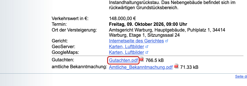 ZVG-Portal-Detailansicht: der Link „Gutachten.pdf“ unter den Dokumenten ist markiert